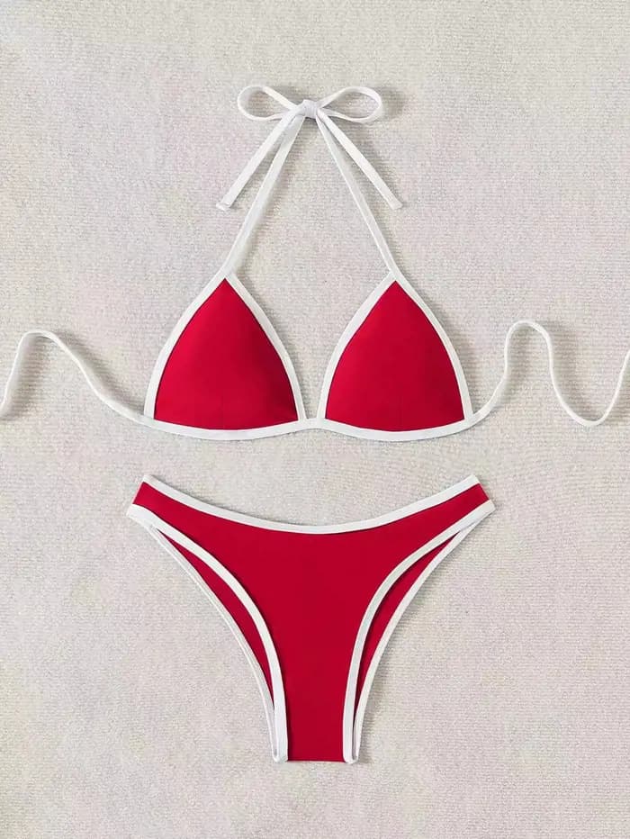 Femmes maillot de bain rouge Sexy Bikini deux pièces maillots de bain féminin Bikinis ensemble solide maillots de bain femme Trikini licou livraison directe
