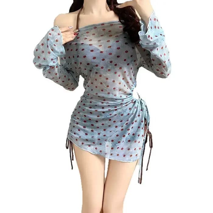 Maillot de bain trois pièces à manches longues pour femme, motif pois, avec armatures, sexy, coupe ajustée, pour sources chaudes