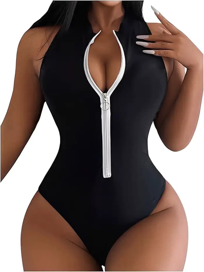Maillot de bain une pièce zippé 2026 pour femme, coupe ajustée, couleur unie, sans manches, pour la