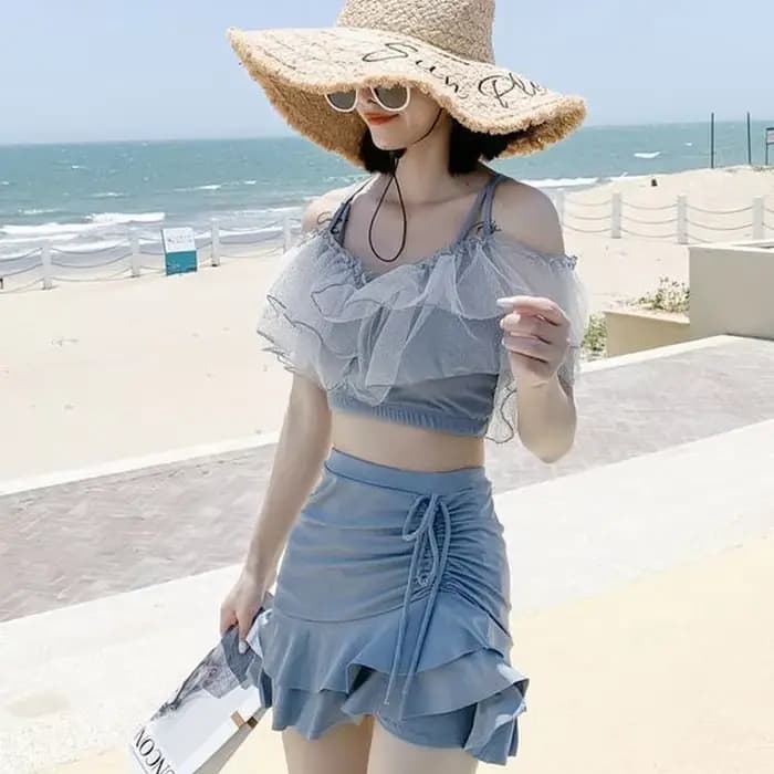 Maillot de bain deux pièces pour femmes, bikini sexy, élégant, dos nu, à volants tendres, à la mode, style coréen, pour filles douces, été