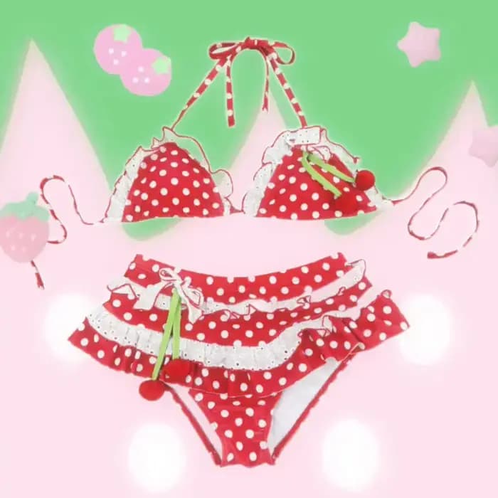 Ensemble bikini à volants Cherry Charm pour femme 2026, maillot de bain trois pièces à col halter, imprimé pois rouges et blancs, tenue de plage
