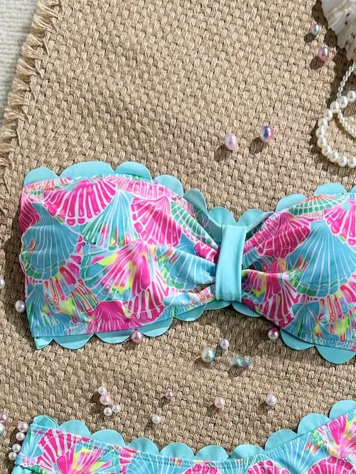 Sexy volants Bandeau Bikini 2026 femmes bleu ciel imprimé fleuri avant nœud Push Up taille haute maillot de bain plage