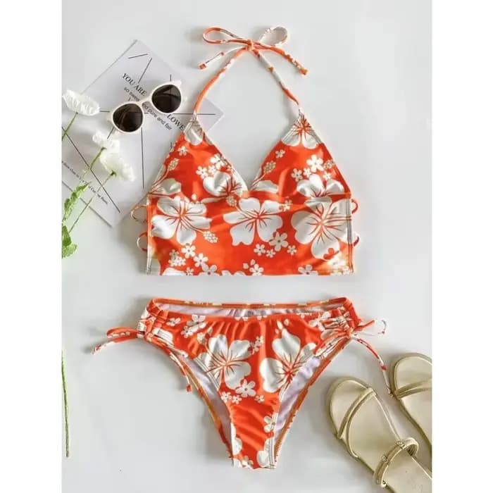 Maillot de bain à motif Floral pour femmes, ensemble deux pièces, col en V, col licou, lacets sur le côté, vêtements de plage, nouvelle collection 2025