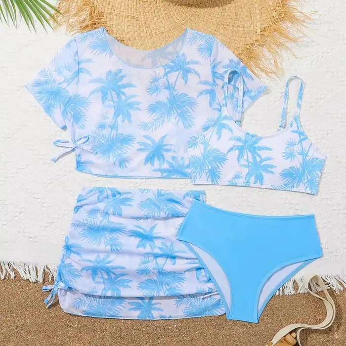 Ensemble de bikini 4 pièces pour filles, maillot de bain imprimé palmier de coco, avec jupe de plage et haut court à manches courtes, maillot de bain pour adolescentes