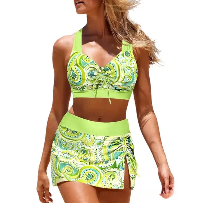 Maillot de bain 2 pièces imprimé cachemire pour femme, haut de bikini dos nu et short de bain taille haute avec jupe et cordon de serrage, idéal pour la plage