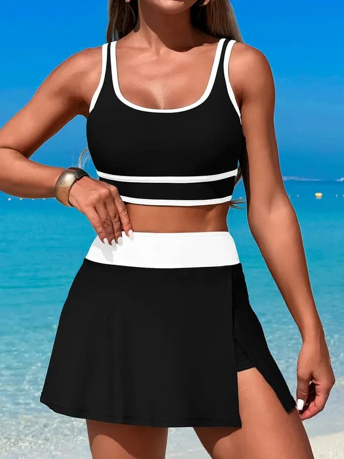 Maillot de bain sportif deux pièces taille haute pour femme 2026 – Robe de plage unie pour baigneuses – Tenue de
