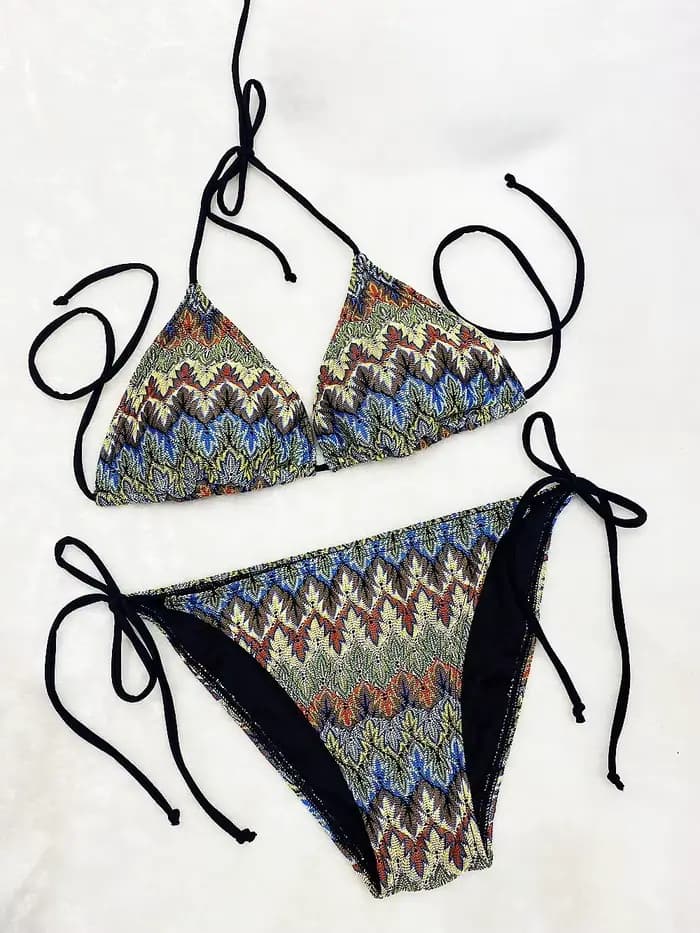 Micosoni Italie – Nouveauté Maillot de Bain Femme Tendance Été – Ensemble Bikini Taille Basse Tricoté Contrastant Rayé pour Femme