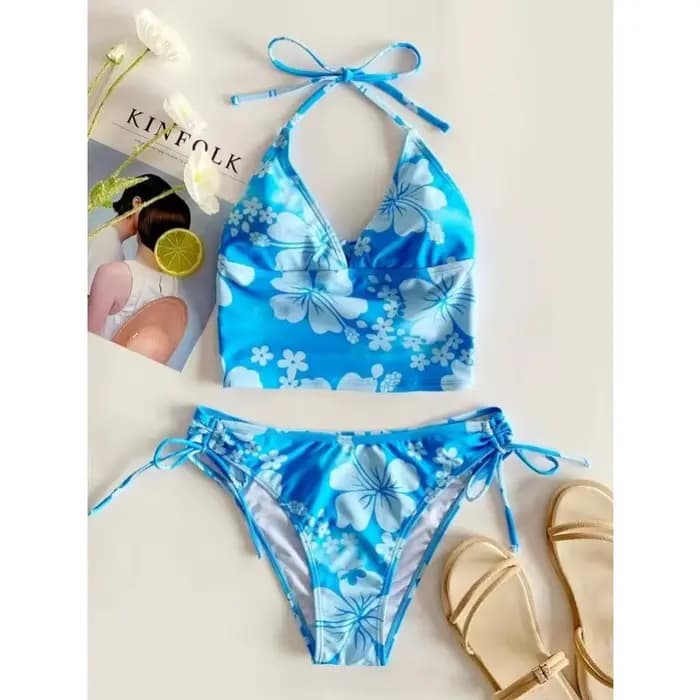 Maillot de bain à motif Floral pour femmes, ensemble deux pièces, col en V, col licou, lacets sur le côté, vêtements de plage, nouvelle collection 2025