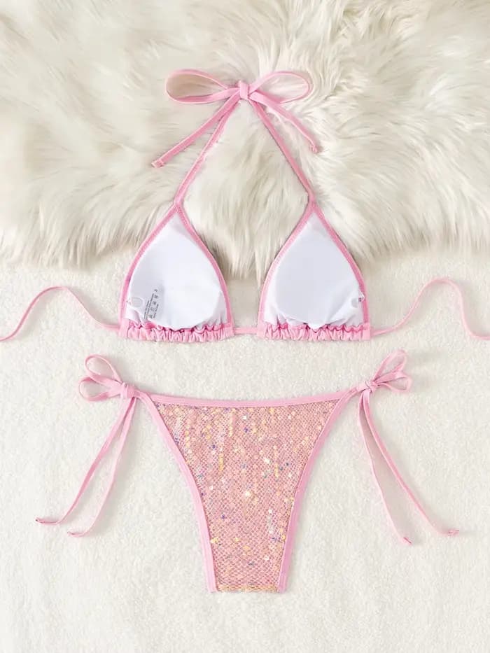 Brillant paillettes noir Bikini ensemble femmes Sexy Push Up soutien-gorge cravate côté Triangle maillot de bain 2025