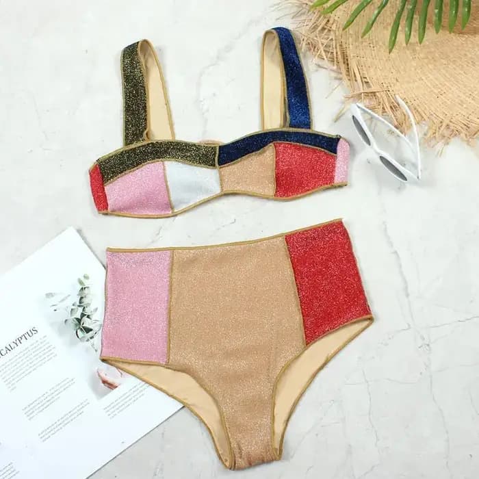 Melphieer été plage paillettes taille haute Bikini ensemble pour femmes 2025 à la mode deux pièces maillot de bain