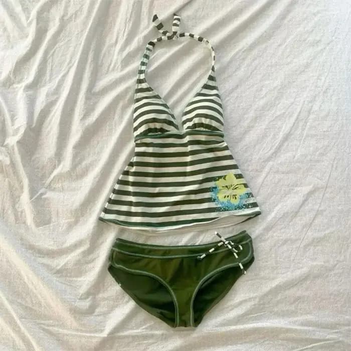Rayé Tankini maillot de bain femmes col en V camisole haut large bas bikini solide imprimé tropical plage d'été maillot de bain