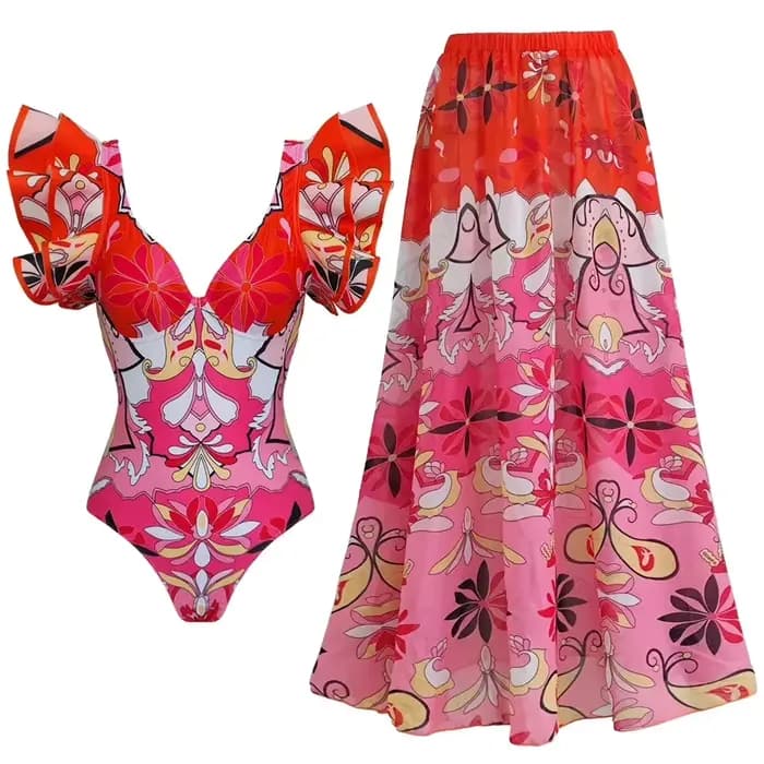 Maillot de bain une pièce à volants, Sexy, imprimé, avec jupe, Monokini, pour femmes, vêtements de plage