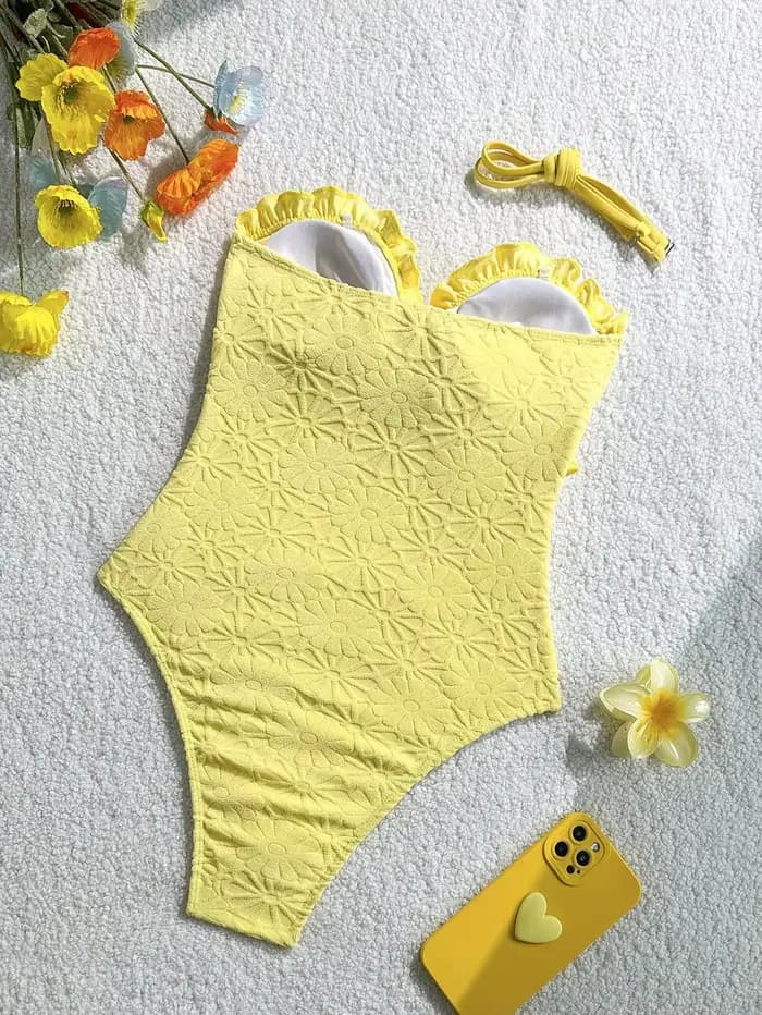 Vintage Front Bow One Pice maillot de bain 2026 femmes Sexy jaune volants Push Up Slim Fit ventre contrôle maillots