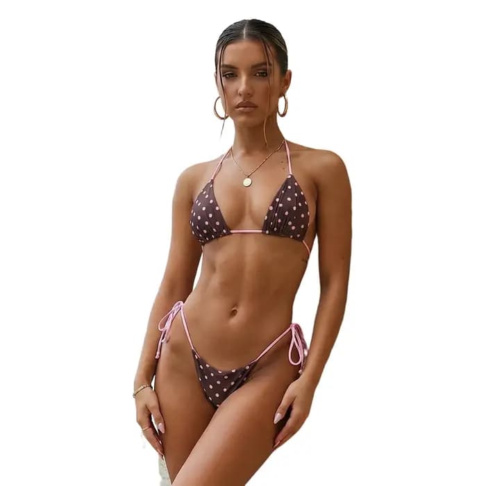 Ensembles de bikinis brésiliens vintage sexy pour femmes, imprimé à pois, avec haut halter et bas triangle à nouer sur le côté, maillots de bain et tenues de plage