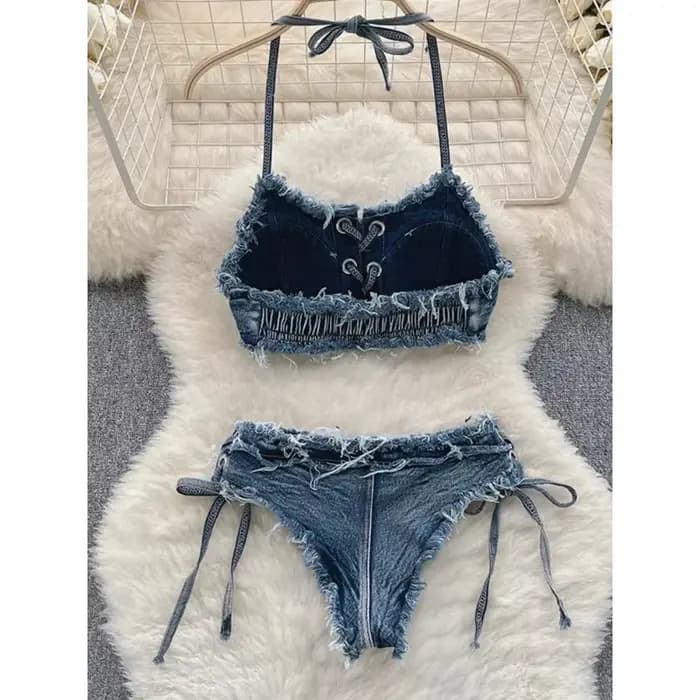 Maillot de bain femme sexy en jean, ensemble bikini à lacets et cordon de serrage, tenue de plage 2025, maillot de bain deux pièces vintage uni pour l'été