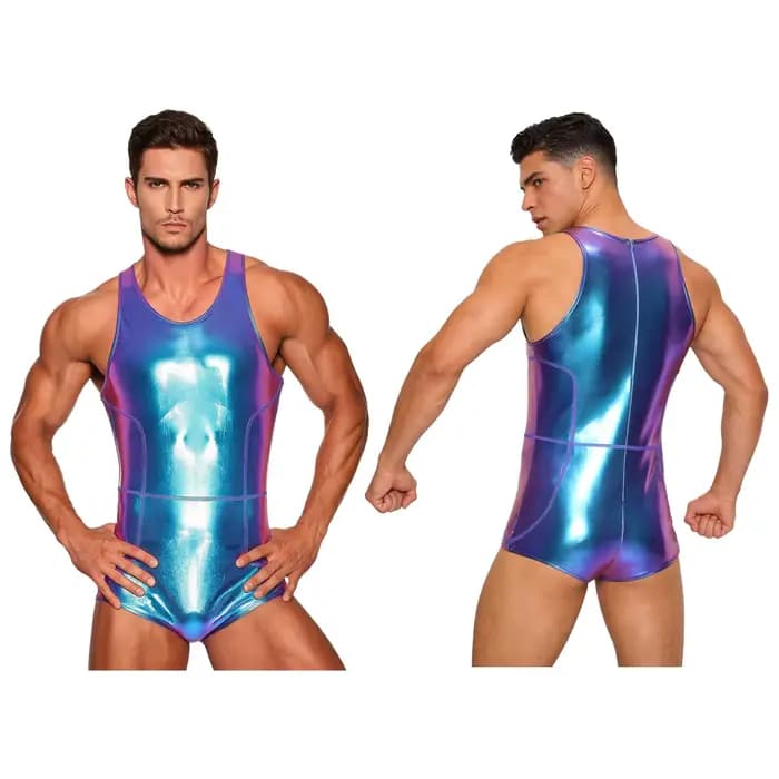 Maillot de bain une pièce pour homme, effet métallisé brillant, short intégré, col rond, sans manche