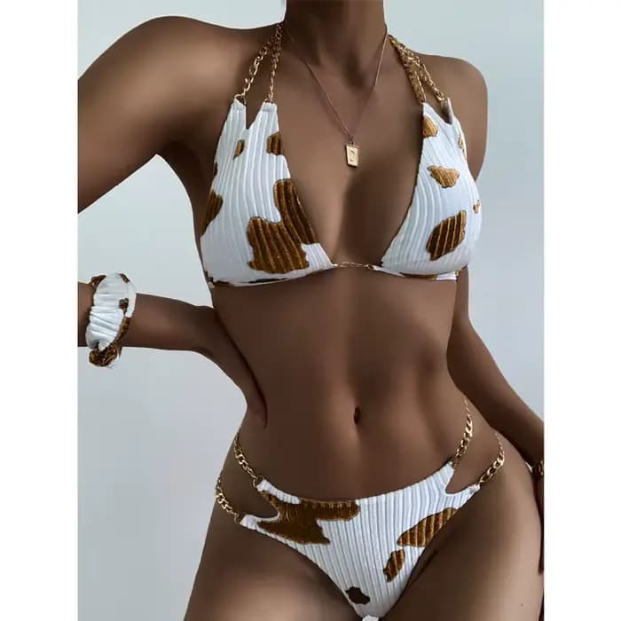 Maillot de bain deux pièces imprimé vache, tendance, avec détail de chaîne, dos ouvert, vêtements de natation, Lingerie de plage Sexy, été