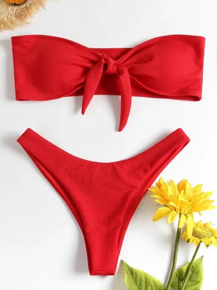 Sexy femmes côtelé bustier tubulaire Bikini ensemble blanc maillot De bain
