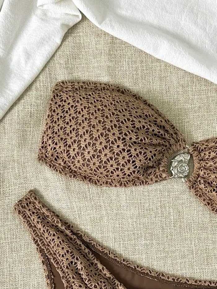 Ensemble bikini bandeau sexy pour femme, marron, avec chaîne métallique, soutien-gorge push-up et string à cordon, maillot de bain micro été 2026
