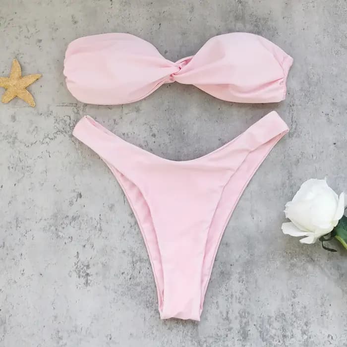 Mode rose Bow Bikini femmes maillot de bain Sexy taille basse épaules nues Biquini dame