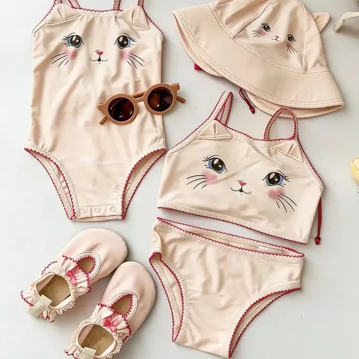 Nouvel ensemble de maillots de bain une pièce et deux pièces pour filles, motif chat mignon, imperméable, collection été 2026