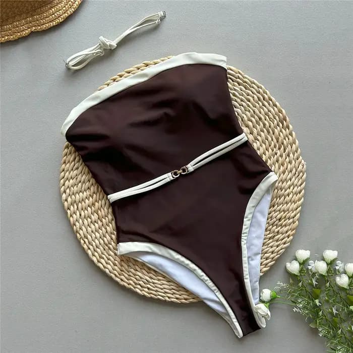Maillot de bain sexy sans bretelles marron pour femmes, maillot de bain une pièce 2026, bord blanc, anneau métallique, ceinture, coupe haute, maillot de bain, monokini