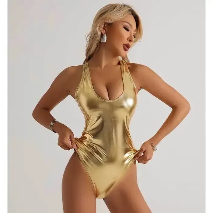 Maillot de bain une pièce sexy en cuir doré 2026 pour femme, brillant, rembourré, pour la plage, maillot de bain d'été amincissant avec contrôle du ventre, monokini