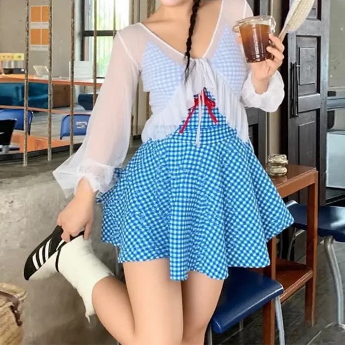 Maillot de bain grande taille une pièce ou trois pièces, style rétro à carreaux, manches longues, protection solaire, amincissant, pour femme ronde, idéal pour les sources chaudes