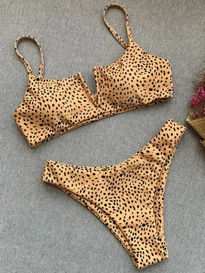 Côtelé à pois Bikinis v-bar à armatures Bikini femmes maillots de bain femme maillot de bain deux pièces Bikini ensemble coupe haute maillot de bain bain