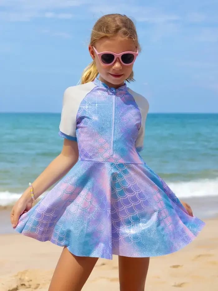 Maillot de bain deux pièces femme 2026 Nouveau imprimé sirène Robe à manches courtes