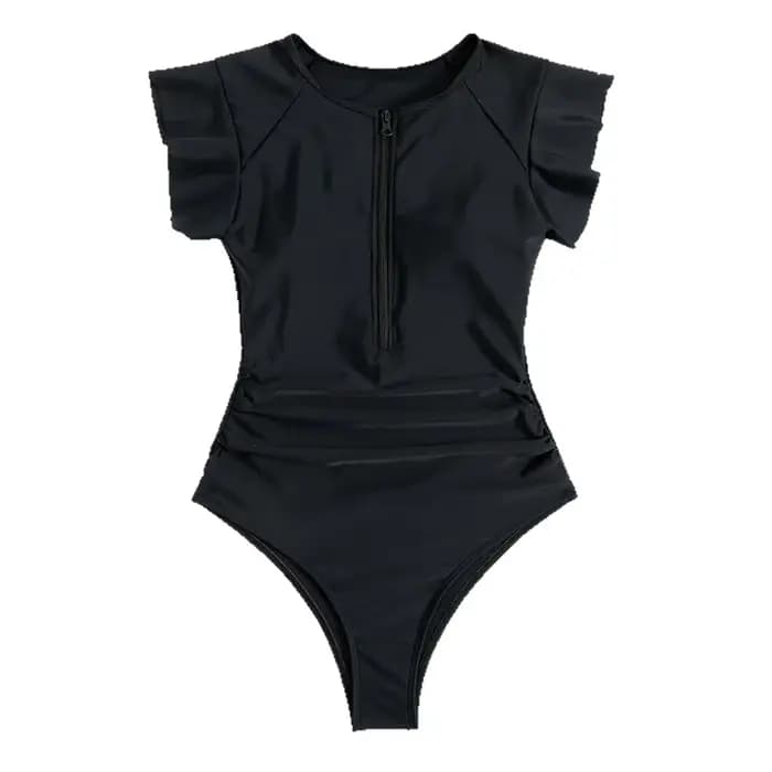 Femmes maillot de bain décontracté couleur unie fermeture éclair manches courtes col rond mince ventre contrôle maillots