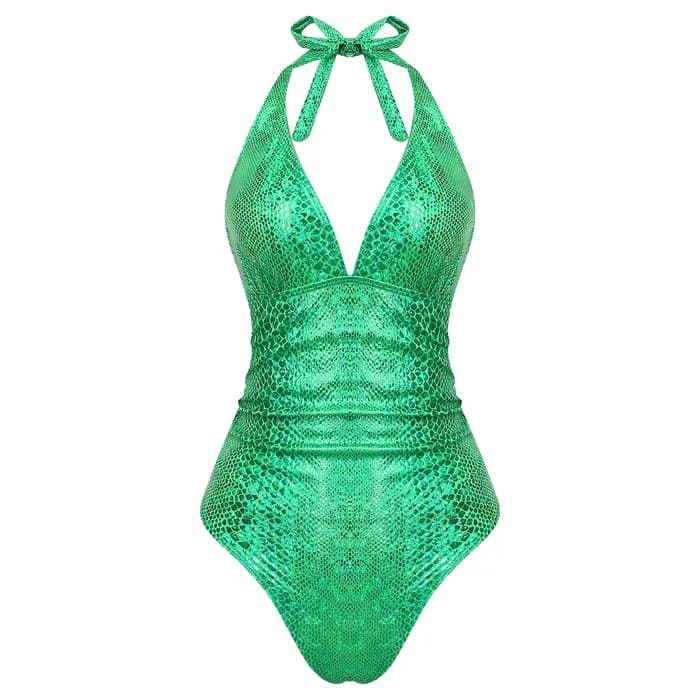 Maillot de bain une pièce brillant effet métallisé pour femme, motif peau de serpent, avec laçage et col halter