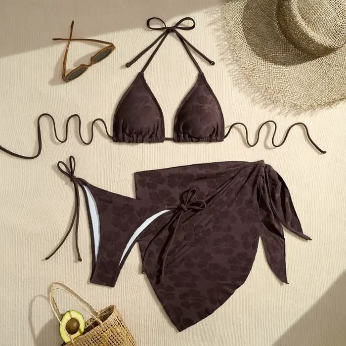 Sexy Bikini ensemble femmes licou Push Up soutien-gorge jupe 3 pièces maillot de bain couvrir string maillots