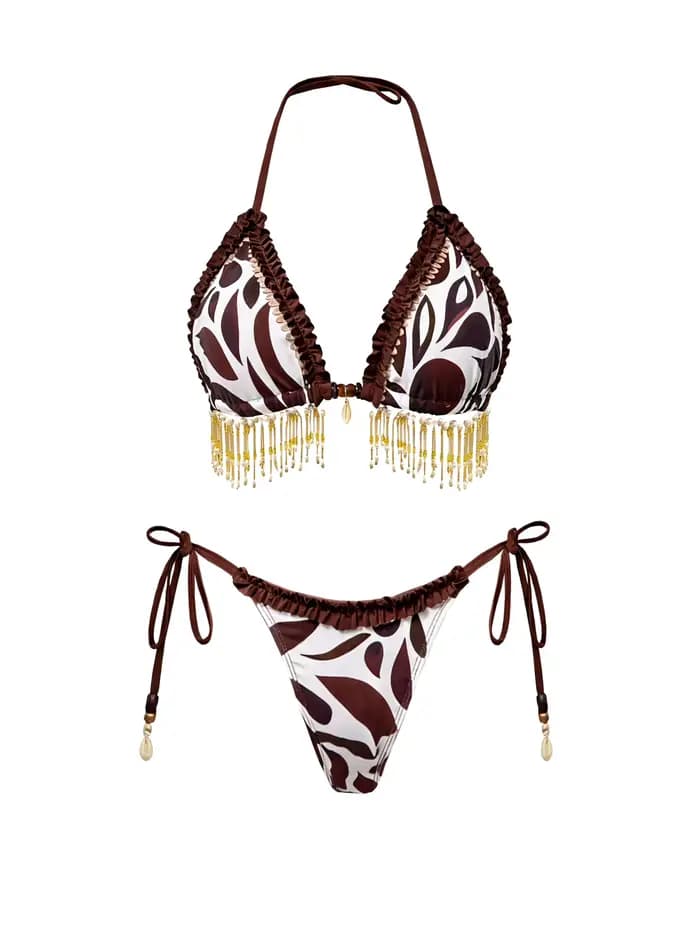 Ensemble bikini sexy 2026 imprimé tribal bohème avec détails à pompons, idéal pour les soirées au bord de la piscine, les escapades estivales et le glamour au bord de l'eau.