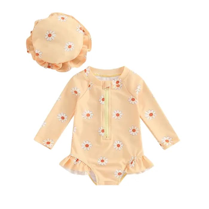 Maillot de bain avec chapeau pour bébé fille, combinaison à manches longues, imprimé fleuri, fermeture éclair, tenue de bain d'été, 0-3M