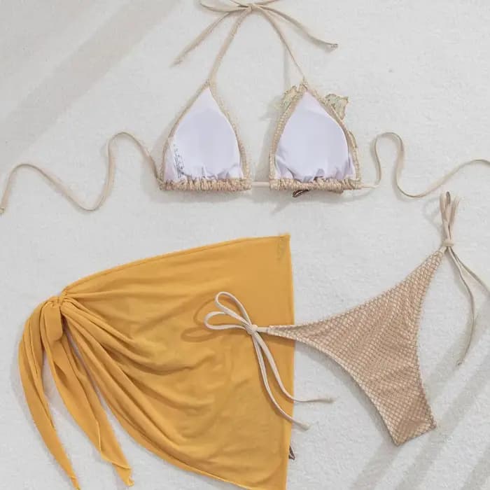 Applique taille basse Sexy 3 pièces ensemble de Bikini-maillot de bain de vacances à la plage pour femmes modeste