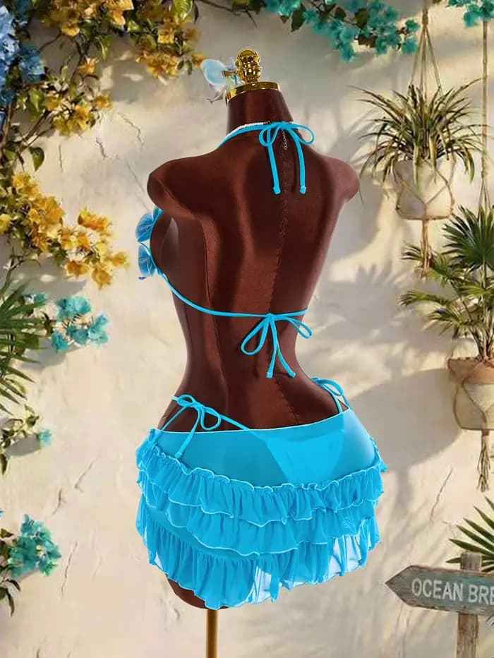 Ensemble de bikinis vintage bleu à fleurs 3D pour femmes, maillot de bain 3 pièces avec jupe en maille à volants, soutien-gorge push-up sexy, tenue de bain de vacances 2026