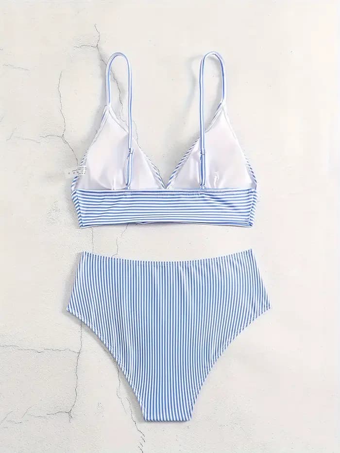 Nouvel ensemble bikini 2026 rayé bleu et blanc taille haute pour femme, maillot de bain deux pièces avec haut triangle à nouer, tenue de plage