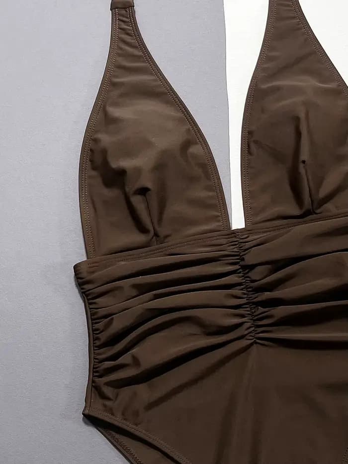 Maillot de bain une pièce marron uni pour femmes, Bikini noir à col en v profond, Monokini de plage d'été dos nu à bretelles, nouveaux maillots de bain 2025