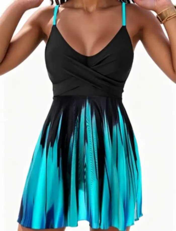 Maillot de bain une pièce amincissant noir dégradé turquoise 2373 pour femme, col en V, idéal pour la plage