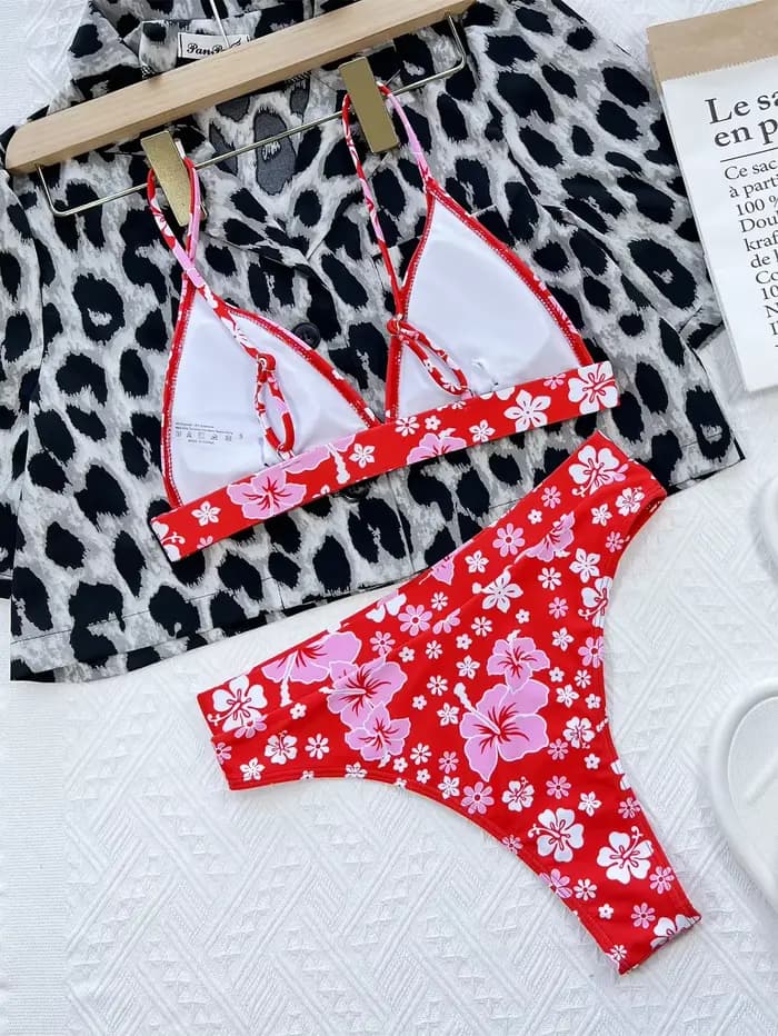 Nouveau Bikini 2026 Sexy Maillot de Bain Femme Push-Up Taille Haute Dos Nu Imprimé Floral Rouge Ensemble Bikini de Plage
