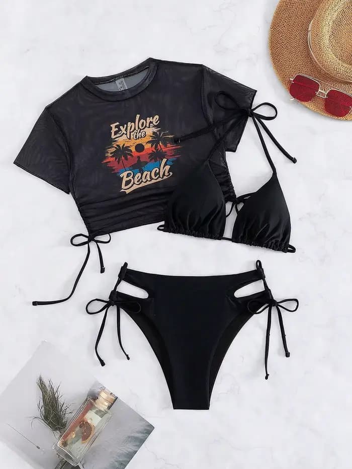 Maillot de bain 3 pièces sexy pour femme, collection été 2026 : ensemble micro bikini à lacets avec