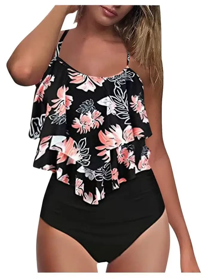 Maillot de bain séduisant élégant noir Double volants