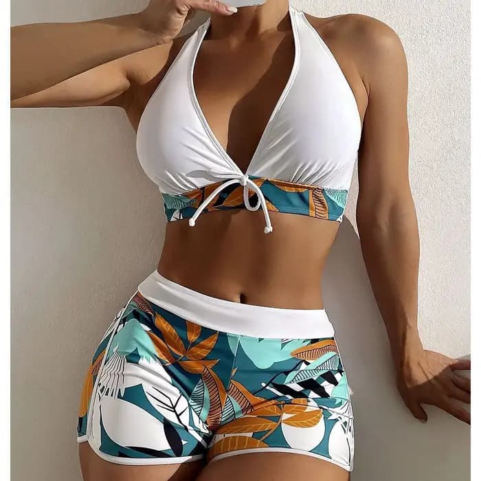 Nouvel ensemble bikini halter 2026 pour femme, maillot de bain court taille haute imprimé, tenue de plage