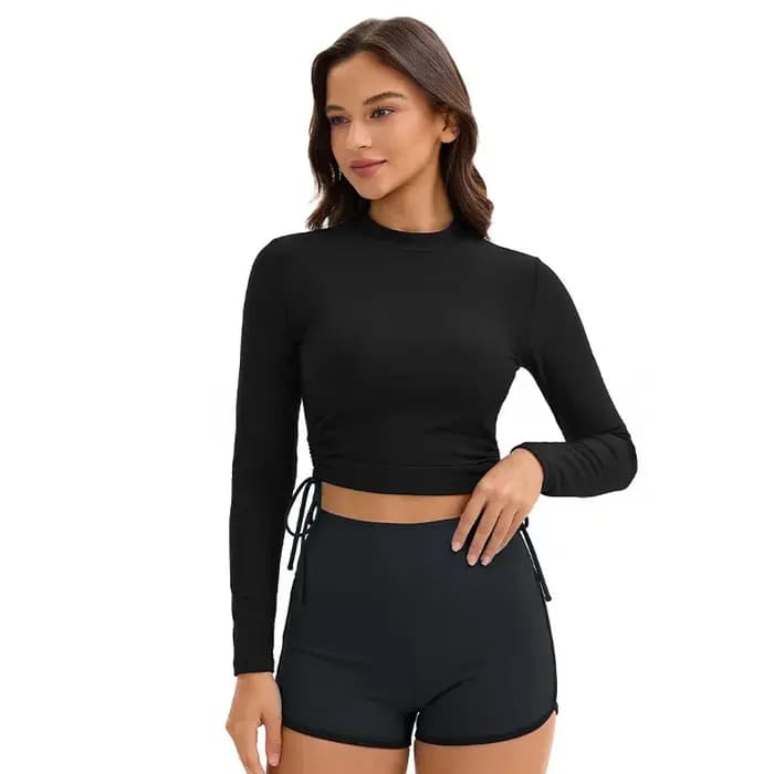 Maillots de bain à manches longues pour femmes, ensemble deux pièces, col montant, protection anti-UV, style modeste pour le surf, couleurs contrastées avec coupe Boyleg