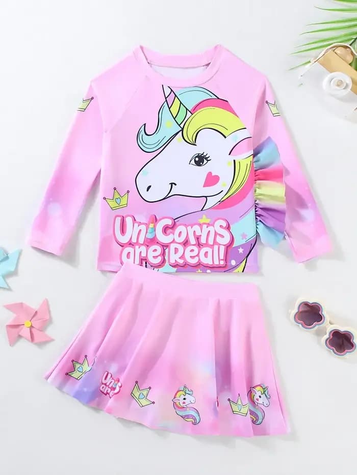Filles enfants maillot de bain 2026 nouveau rose dessin animé manches longues maillots