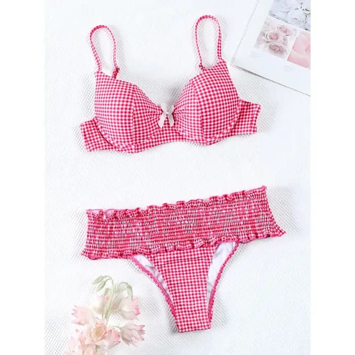 Maillots de bain plissés Miyouj Bow Bikinis 2026 pour femmes, ensemble bikini imprimé à carreaux, maillot de bain sexy push-up, tenue de plage taille basse