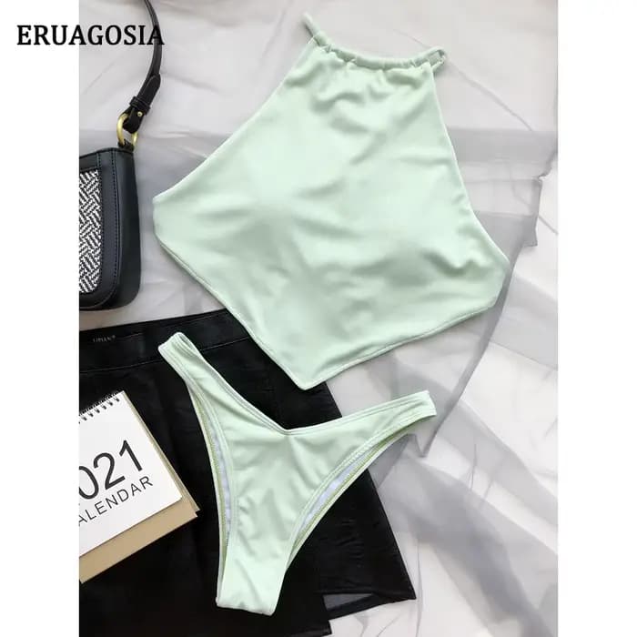 Ensemble de bikini à col haut pour femme, maillot de bain bandeau sexy, dos croisé, maillot de bain