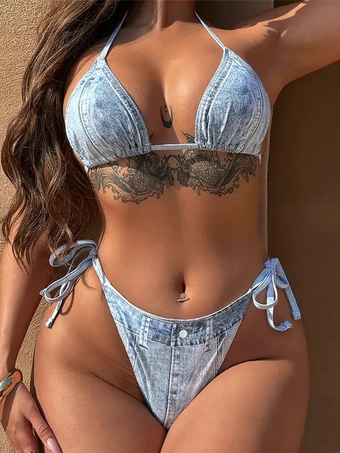Maillot de bain deux pièces en denim imprimé, style halter, à bretelles, coupe haute, pour femme, ensemble bikini K5779