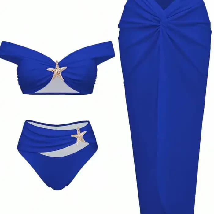 Ensemble de bikini sexy pour femmes, vêtements de plage, bikini étoile de mer métallique, jupes longues plissées, ensembles trois pièces, style de vacances pour filles sexy, maillot de bain